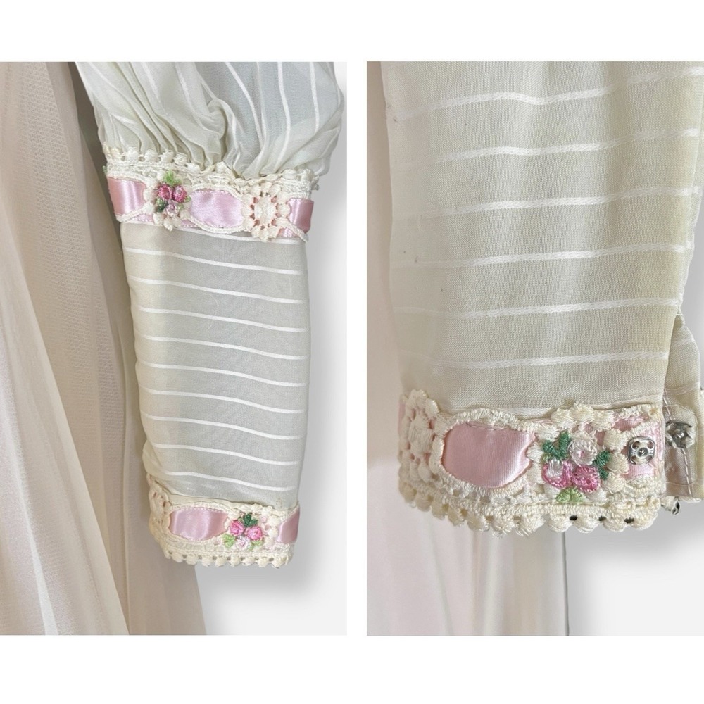 Vintage Victorian High Neck Dress Wedding 4 Off White Cream Pink Bishop Sleeve - Picture 8 of 12